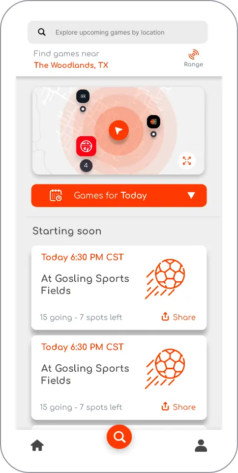 Cascarita app showing local soccer matches
