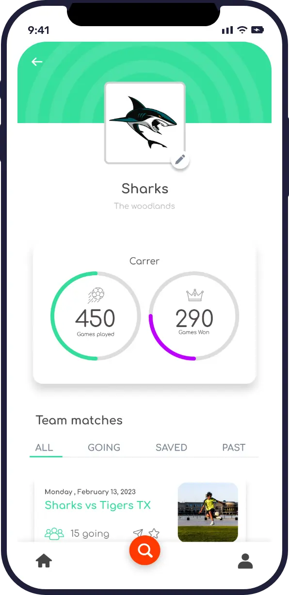 Team screen — progress and upcoming games